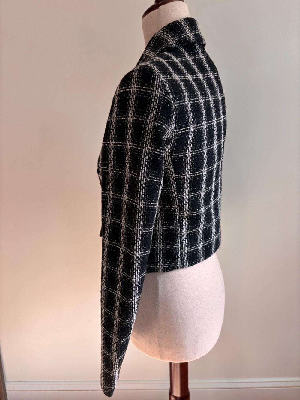 NWT Nine West XS Black White Tweed Cropped Blazer Plaid Jacket Classic Chic - Picture 3 of 6